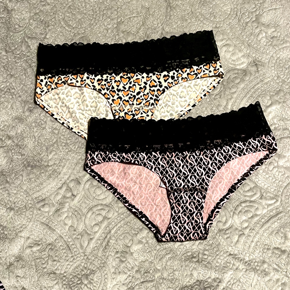 NWT 2 pair Victoria Secret Leopard π Print cotton, lace waist hip huggers Sz M - Picture 8 of 8